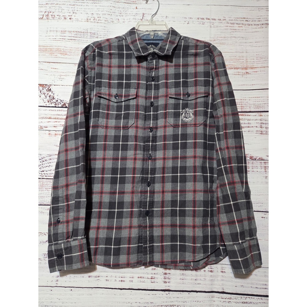 Bean Pole Slim 100 Mens M Plaid Button Down Shirt Grey Red Long Sleeve Crest